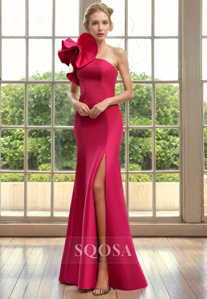 Sheath One Shoulder Long Formal Evening Dress for Wedding Satin Mother of the Bride Dress