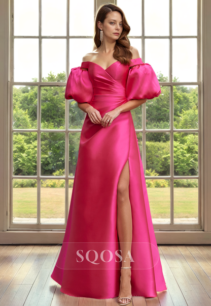 Sheath Off Shoulder Satin Pleats Elegant Cocktail Dress for Wedding Long Mother of the Bride Dress