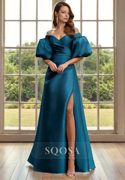 Sheath Off Shoulder Satin Pleats Elegant Cocktail Dress for Wedding Long Mother of the Bride Dress