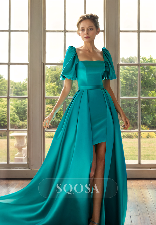 A Line Square Short Sleeves Satin Elegant Mother of the Bride Dress with Detachable Skirt Cocktail Dress