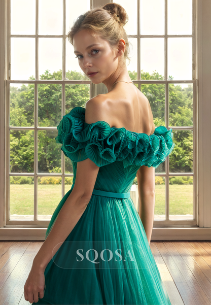 A Line Off Shoulder Tulle Green Long Cocktail Dress Elegant Mother of the Bride Dress