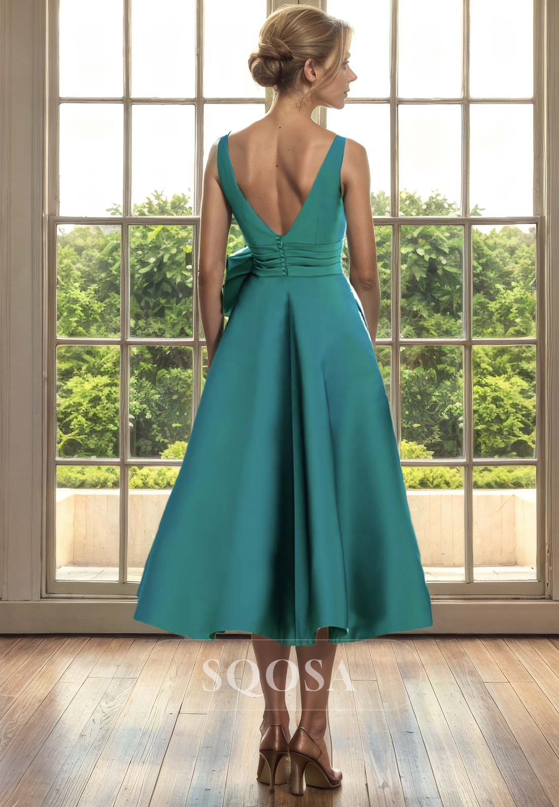 A Line Illusion V Neck Satin Mother of the Bride Dress with Pockets Short Cocktail Dress