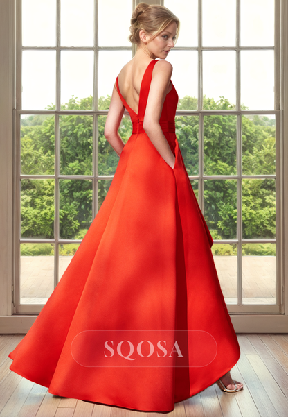 A Line V Neck Satin Red Mother of the Bride Dress with Pockets Elegant – SQOSA A Line V Neck Satin Red Mother of the Bride Dress with Pockets Elegant – SQOSA