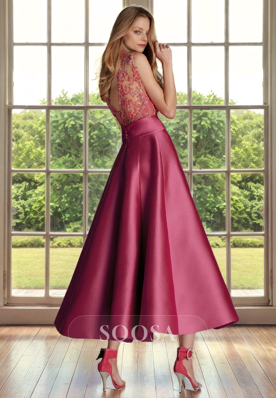illusion neckline cocktail dress Illusion neckline cocktail dress with bustier style corset