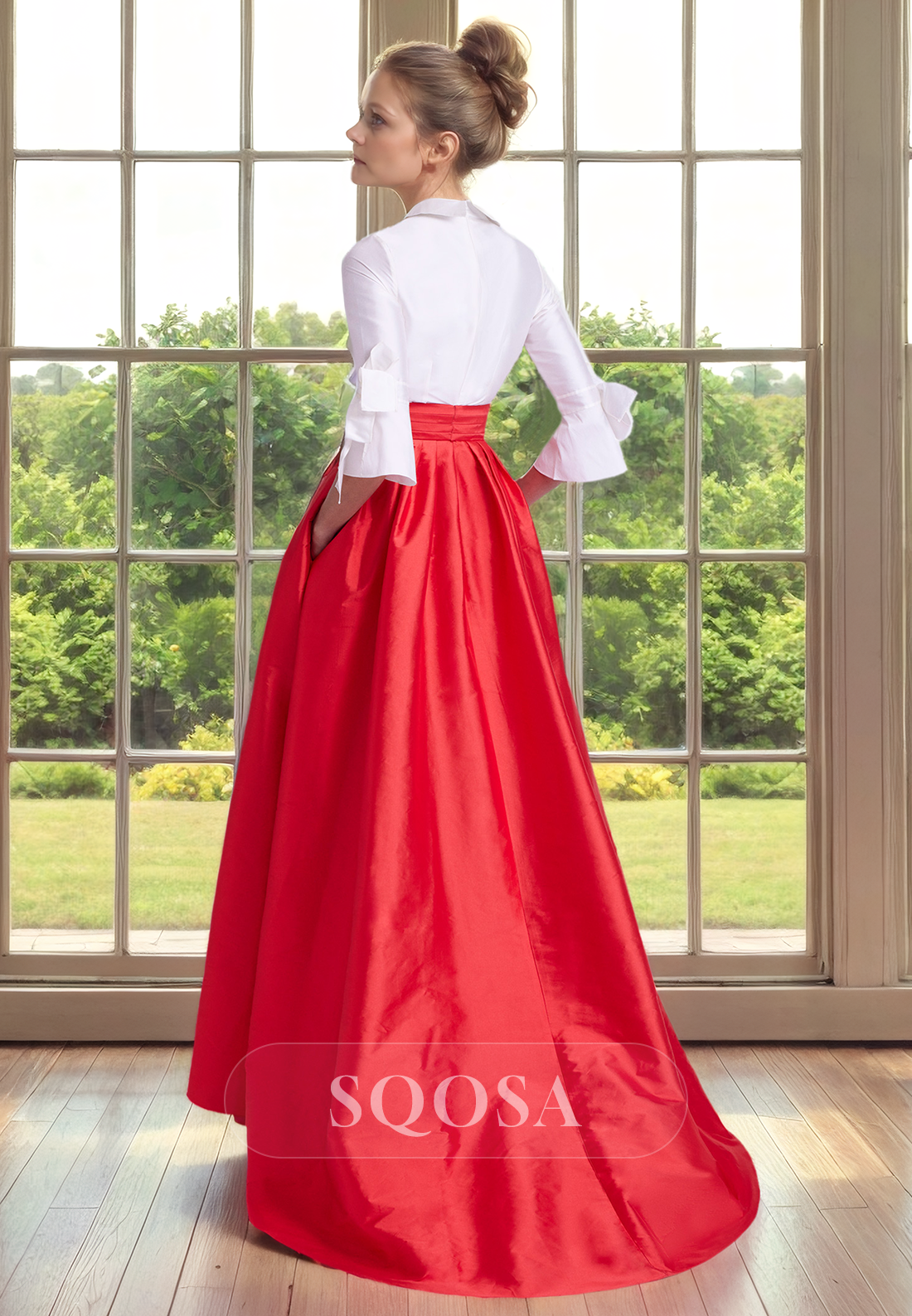 A Line Satin 3/4 Sleeves Mother of the Bride Dress with Pockets Long Cocktial Dress