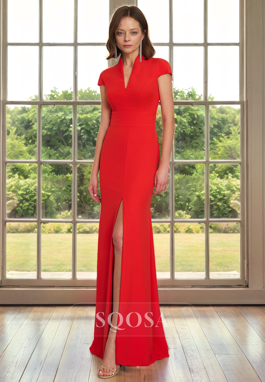 Sheath V Neck Short Sleeves Red Mother of the Bride Dress with Slit Long Cocktail Dress