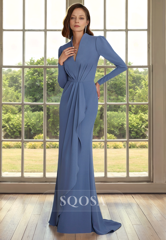 Sheath V Neck Ruched Long Sleeves Mother of the Bride Dress Long Cocktail Dress