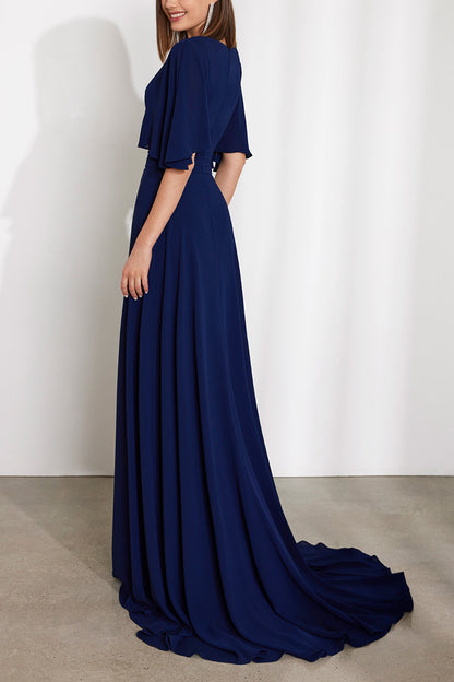 Chiffon A-Line V-Neck Half Sleeves With Train Cocktail Party Dress QM3338