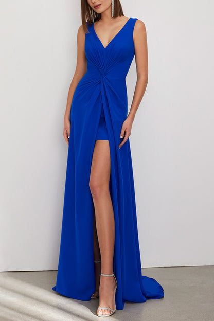 Simple & Casual A-Line V-Neck Sleeveless With Side Slit Mother of the Bride Dress QM3386