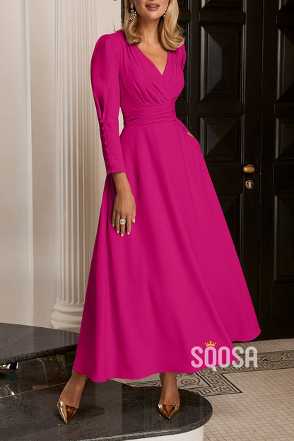 A-Line V-Neck Pleats Mother of the Bride Dress Wedding Guest Dress QM3243 US10 / Blue
