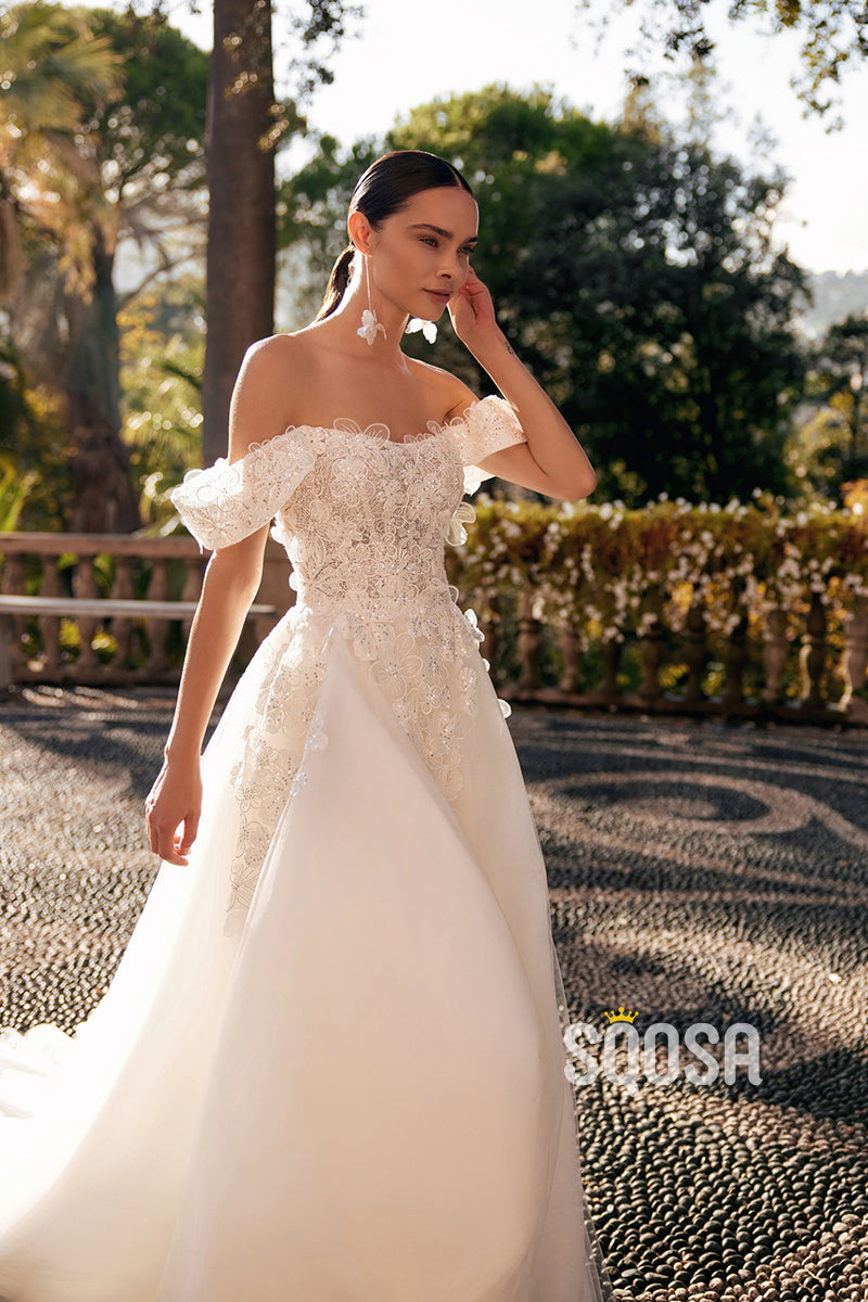 Luxurious A-Line Off-Shoulder Applique Wedding Dress Bridal Gowns With – SQOSA Luxurious A-Line Off-Shoulder Applique Wedding Dress Bridal Gowns With – SQOSA