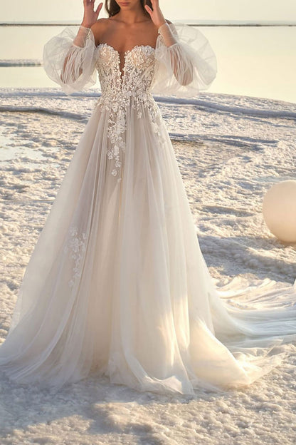 Beach Formal Wedding Dresses Court Train A-Line Lace Appliques Long Sleeves Summer Bridal Gown QW2377 US16 / White Beach Formal Wedding Dresses Court Train A-Line Lace Appliques Long Sleeves Summer Bridal Gown QW2377 US16 / White
