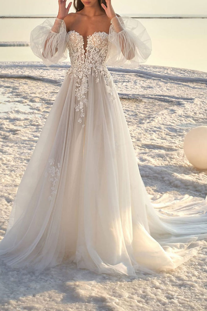 Beach Formal Wedding Dresses Court Train A-Line Lace Appliques Long Sleeves Summer Bridal Gown QW2377 US16 / White