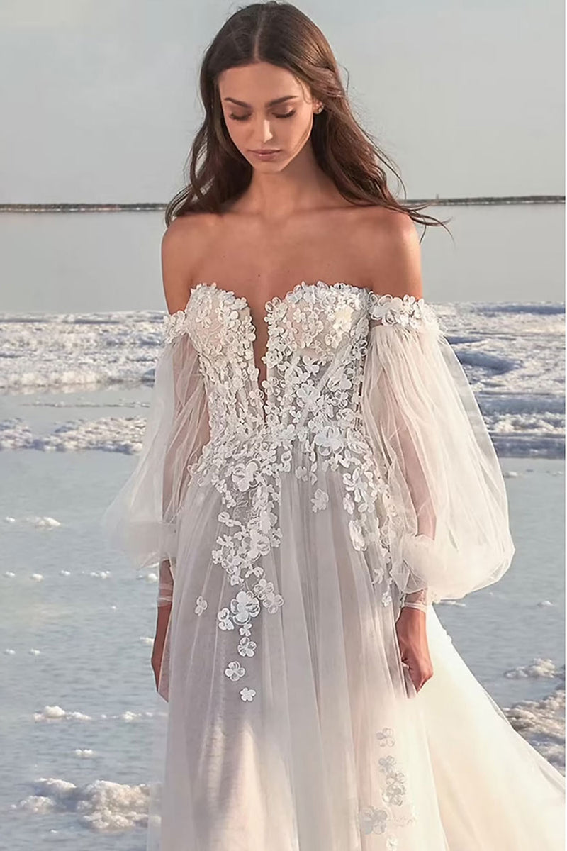 Beach Formal Wedding Dresses Court Train A-Line Lace Appliques Long Sleeves Summer Bridal Gown QW2377 US16 / White Beach Formal Wedding Dresses Court Train A-Line Lace Appliques Long Sleeves Summer Bridal Gown QW2377 US16 / White