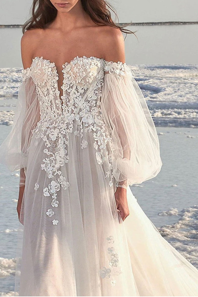 Summer Wedding Dress Chiffon Sweep Train Leg Slit Lace Cap Sleeves –  alinanova
