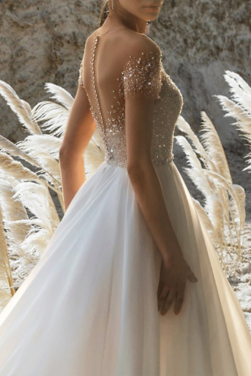 Beach Formal Wedding Dress A Line Short Sleeves Beading Summer Bridal Gown QW2387 US10 / White Beach Formal Wedding Dress A Line Short Sleeves Beading Summer Bridal Gown QW2387 US10 / White