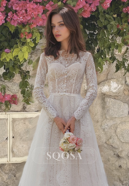 Ornate High-Neck Long Sleeves A-Line Weeding Dress Allover Lace Cutout with Train Bridal Gowns