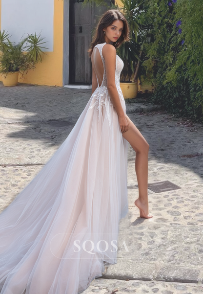 Deep V-Neck Spaghetti Straps Beaded Boho Dress Beaded and Applique Tulle Beach Wedding Dress with Slit