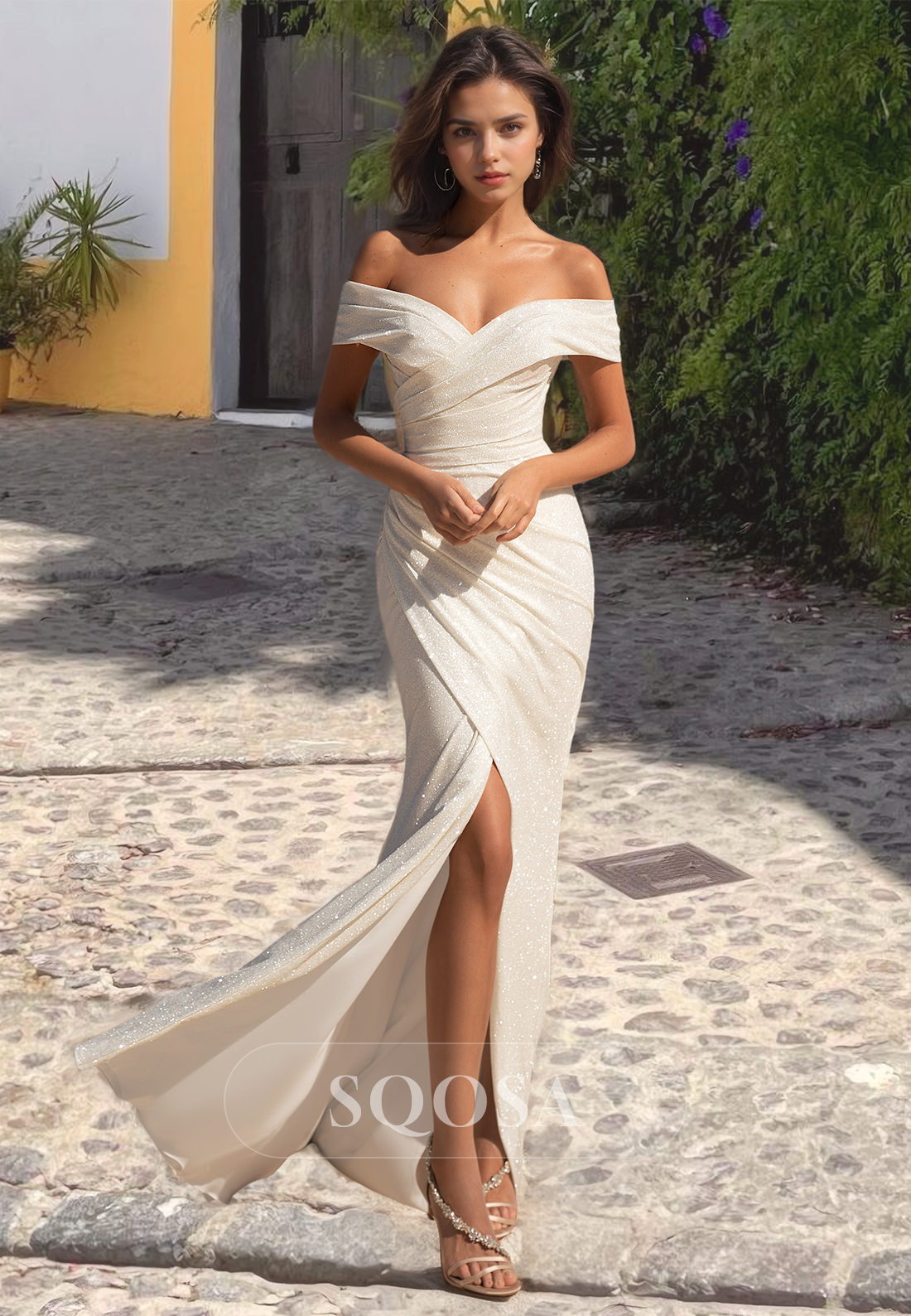 Sweetheart Sleeveless Pleated Bridal Gowns Floor-Length Glitter-Knit Fitted Beach Wedding Dress