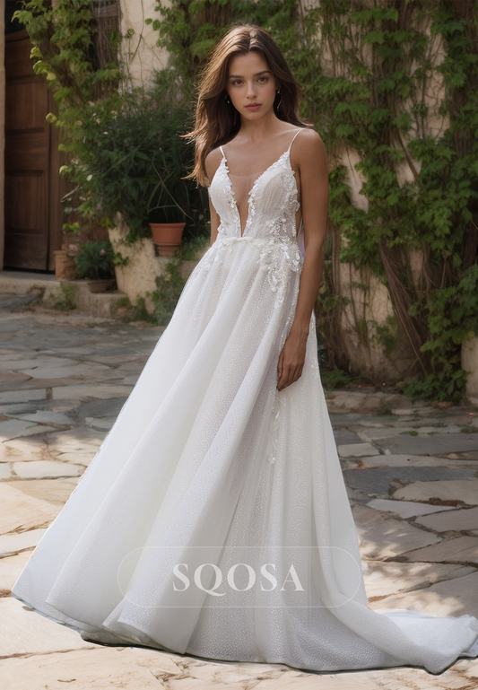 Spaghetti Straps Deep V-Neck A-Line Wedding Dress Allover Lace with Beaded and Applique Bridal Dress