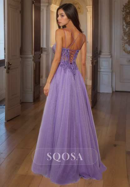 Scoop-Neck Spaghetti Straps A-Line Party Gowns Sleeveless Glitter-Knit Applique Floor-Length Prom Dress