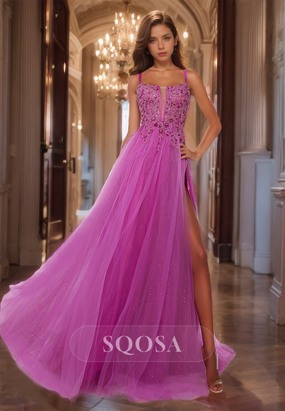 Scoop-Neck Off-Shoulder Sleeveless Applique Party Dress Spaghetti Straps Glitter-Knit A-Line Prom Gowns