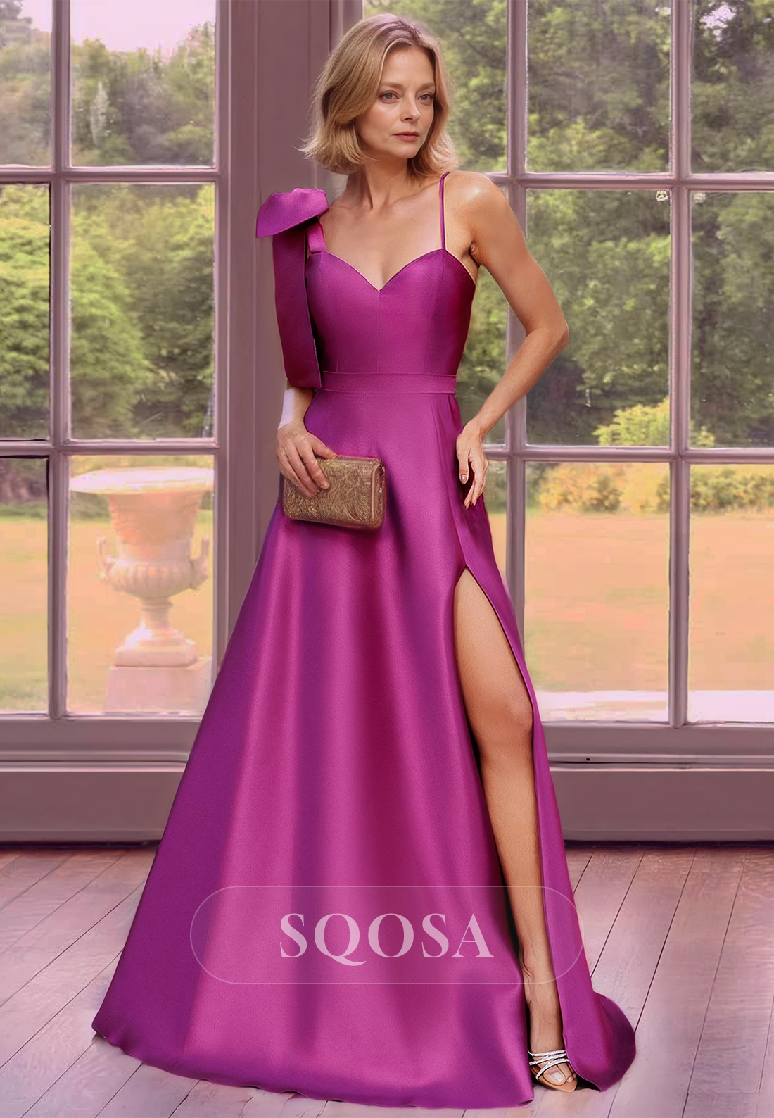 Sweetheart Spaghetti Straps A-Line Cocktail Dress Satin Slit Mother of the Bride Dress with Bow