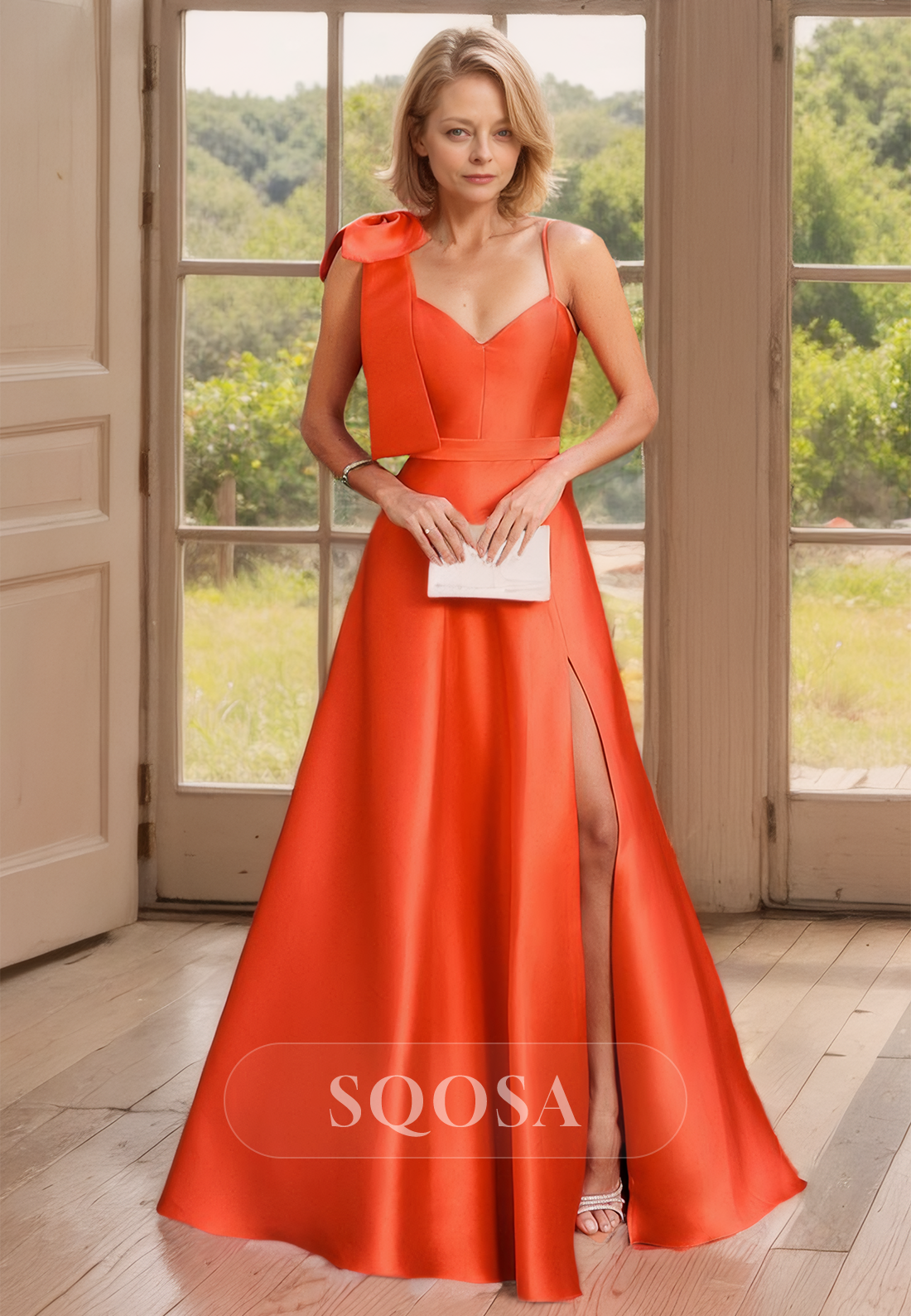 Sweetheart Spaghetti Straps A-Line Cocktail Dress Satin Slit Mother of the Bride Dress with Bow