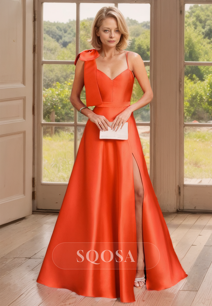 Sweetheart Spaghetti Straps A-Line Cocktail Dress Satin Slit Mother of the Bride Dress with Bow