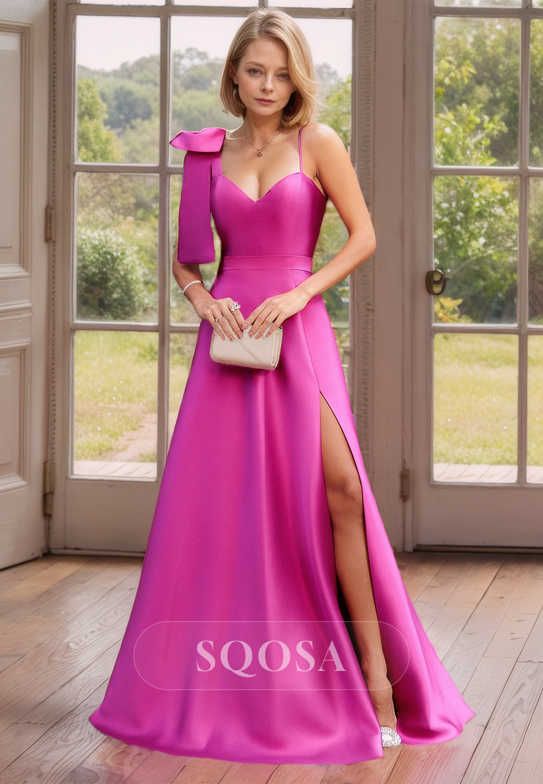 Sweetheart Spaghetti Straps A-Line Cocktail Dress Satin Slit Mother of the Bride Dress with Bow