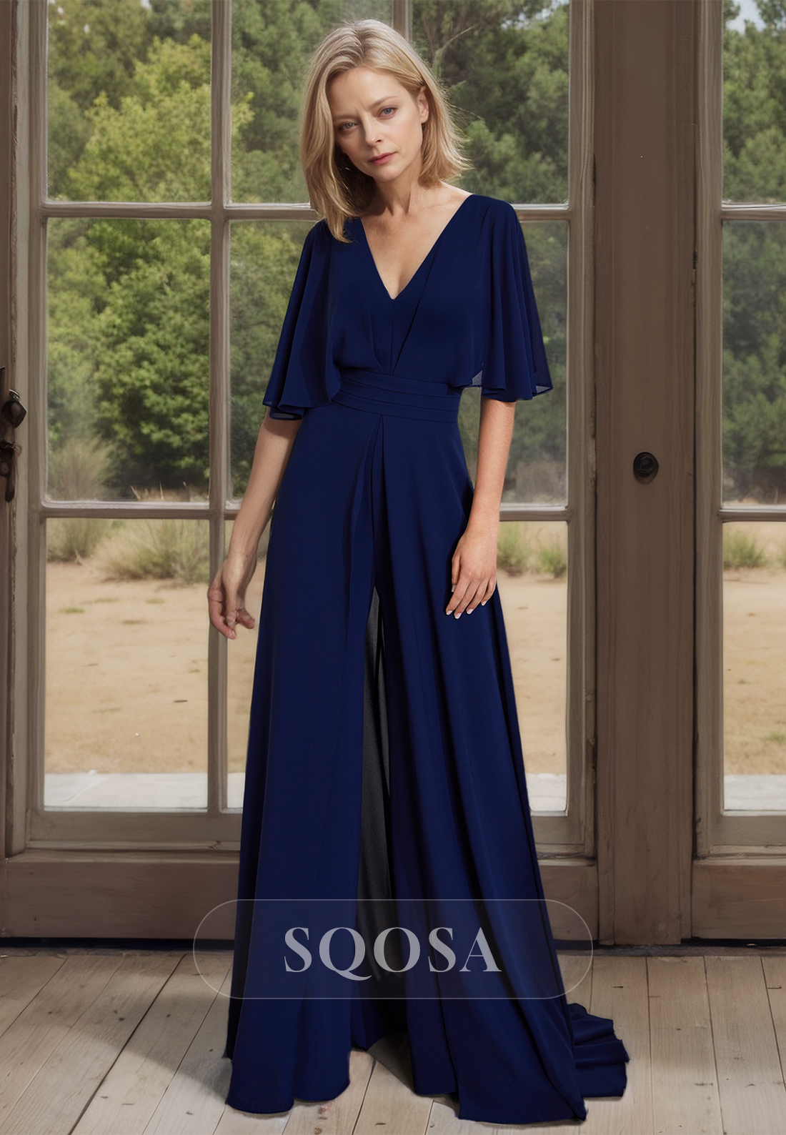 V-Neck Half-Sleeves Fitted Cocltail Dress Pleated with Sweep Train Mother of the Bride Gowns