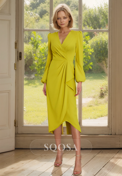 V-Neck Pleated Satin Fitted Mother of the Bride Dress Long Sleeves Knee Length Cocktail Dress