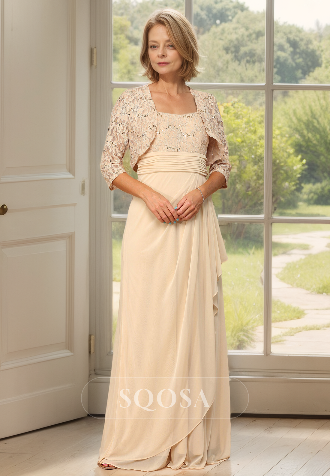 Scoop-Neck 3/4 Sleeves Lace Blouson Mother of the Bride Dress for Wedding Pleated Fitted Cocktail Gowns