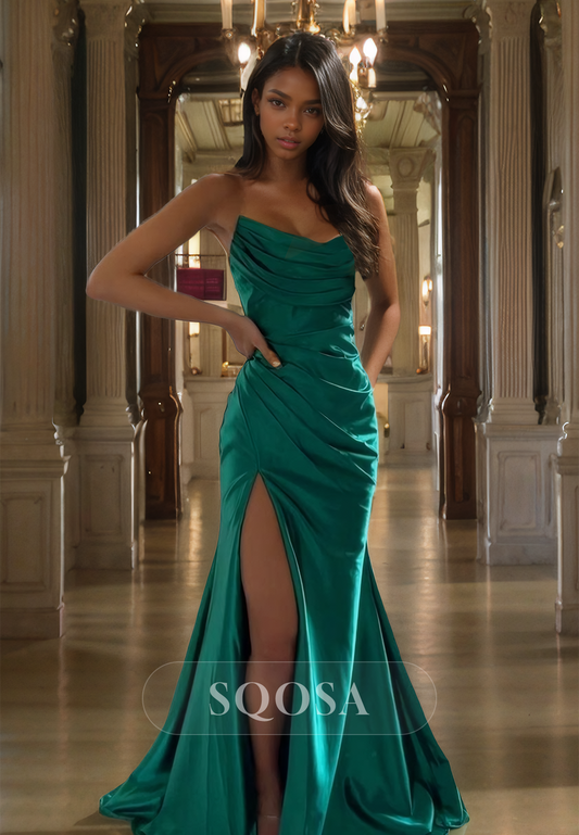 Tube Top Sleeveless Pleated Fiffed Prom Dress Off-Shoulder Slit with Train for Formal Dinner Party