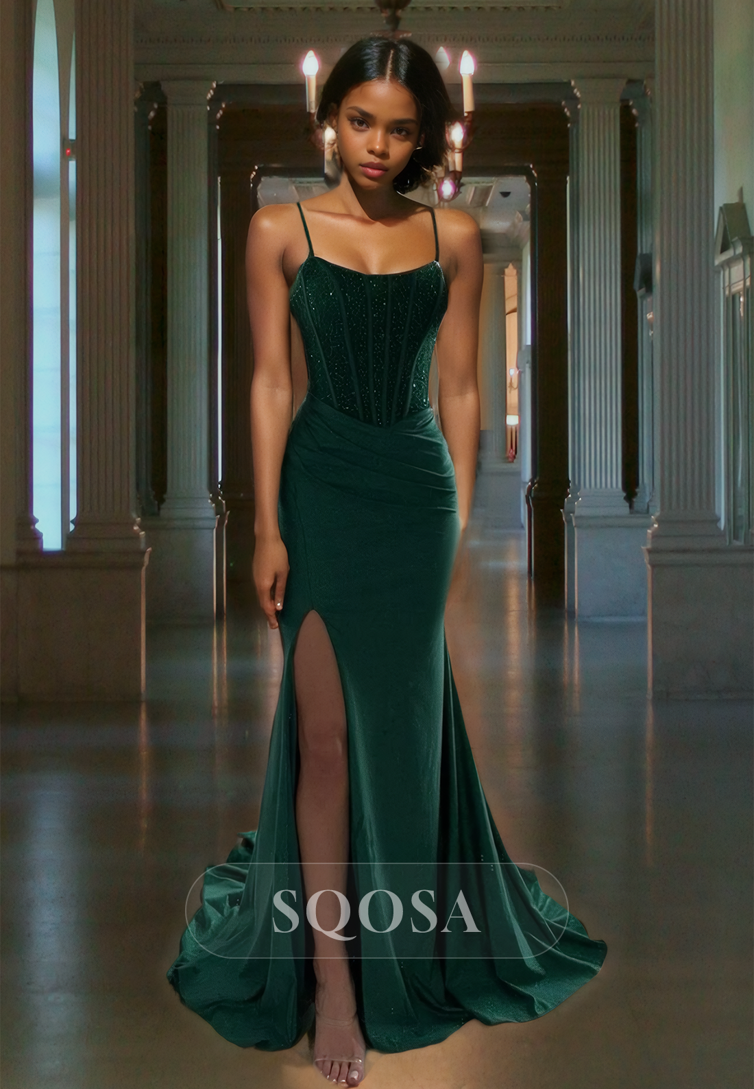 Scoop-Neck Spaghetti Straps Sleeveless Beaded Pleated Slit Mermaid Prom Dress with Sweep Train