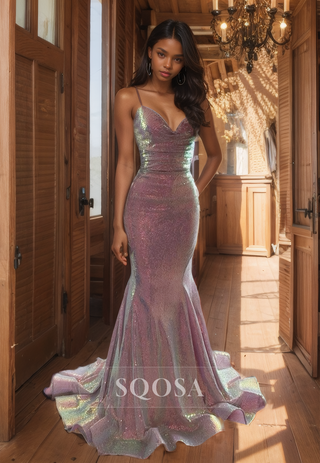 V-Neck Sleeveless Off-Shoulder Mermaid Prom Dress Spaghetti Straps Glitter-Knit Evening Gowns