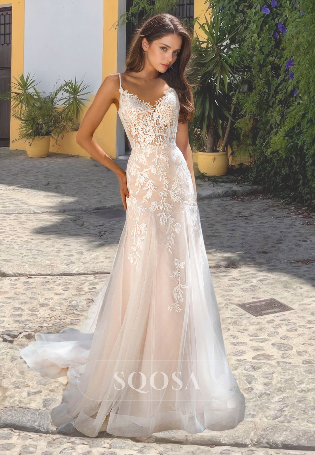 Spaghetti Straps V-Neck Fitted Bride Gowns Sleeveless Cutout Wedding Dress with Applique Custom Color / US14 Spaghetti Straps V-Neck Fitted Bride Gowns Sleeveless Cutout Wedding Dress with Applique Custom Color / US14