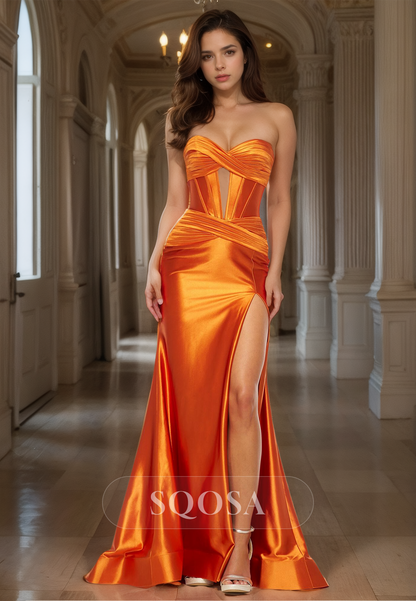 Pleated Sweetheart Sleeveless Off-Shoulder Cutout Sweep Train Mermaid Prom Dress with High Slit