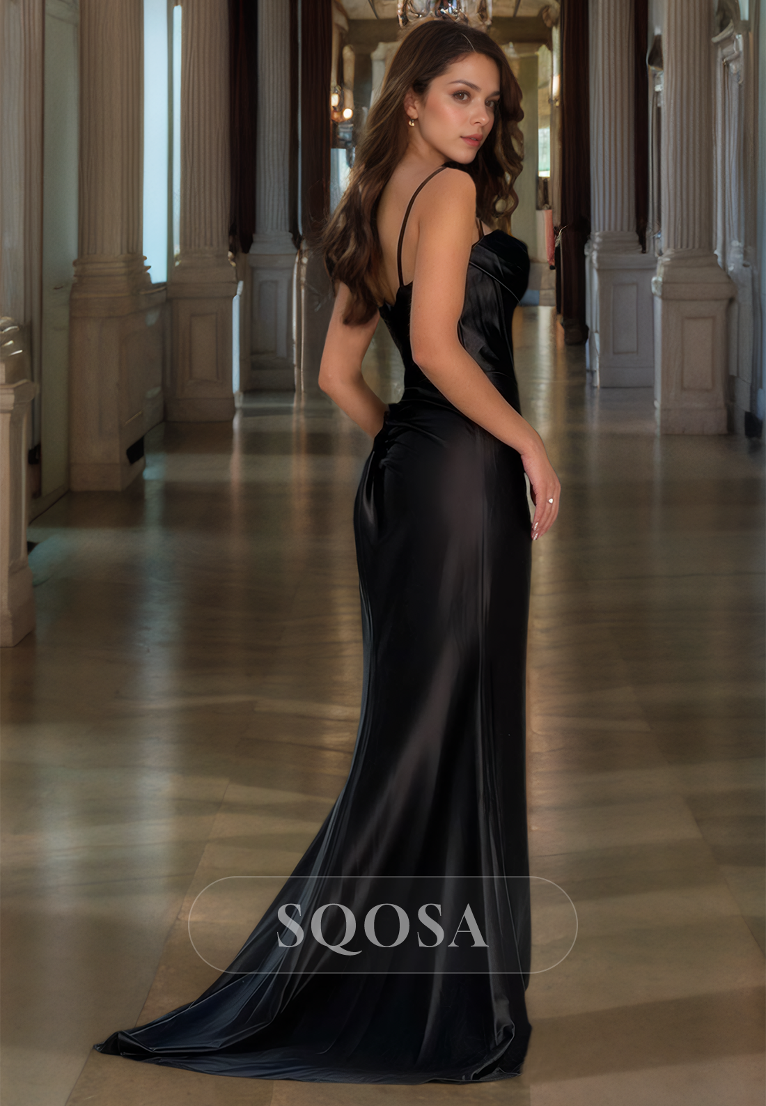 Sweetheart Spaghetti Straps Sleeveless Pleated Satin Slit with Sweep Train Formal Prom Dress