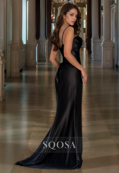 Sweetheart Spaghetti Straps Sleeveless Pleated Satin Slit with Sweep Train Formal Prom Dress