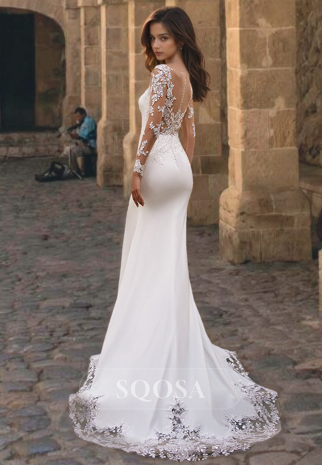 Lace Applique Long Sleeves Bride Dress Scoop-Neck Beaded Mermaid Wedding Dress with Train Custom Color / US10 Lace Applique Long Sleeves Bride Dress Scoop-Neck Beaded Mermaid Wedding Dress with Train Custom Color / US10