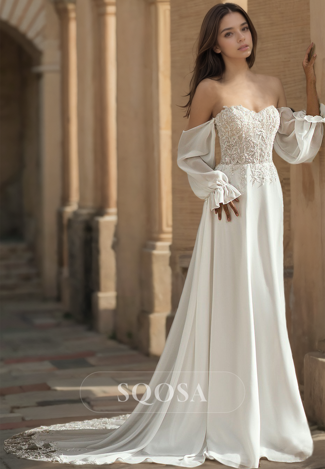 Sweetheart Half-Sleeves A-Line Wedding Dress Applique and Beaded Chiffon Bride Gowns