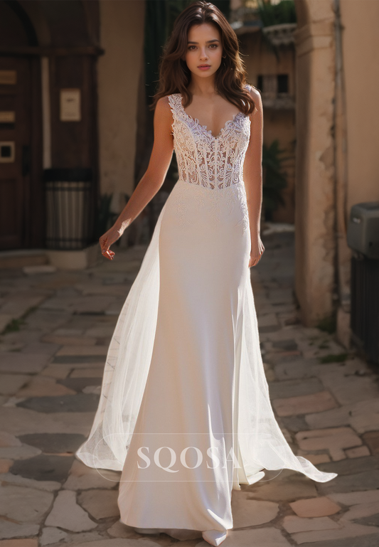 V-Neck Sleeveless Off-Shoulder Straps Applique Cutout Mermaid Wedding Dress with Lace Train