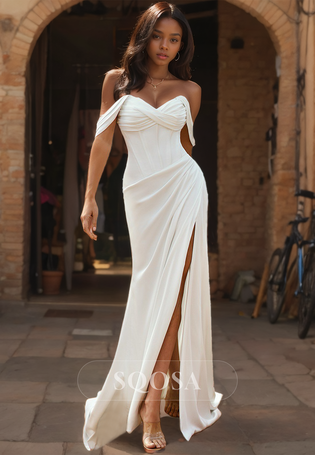 Sweetheart Fitted Beach Wedding Dress Sleeveless Pleated Satin Slit with Train Boho Bride Gowns