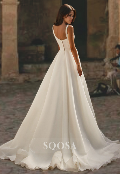 Simple Off-Shoulder Spaghetti Straps Square-Neck Sleeveless A-Line Chiffon Wedding Dress with Train