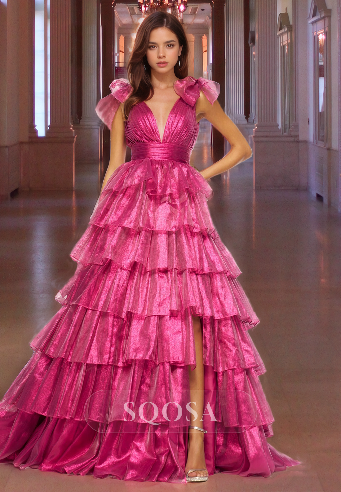 tiered metallic dress Deep V-Neck Straps Sleeveless Formal Gowns Pleated Tiered Metallic Tulle A-Line Prom Dress Caribbean / US10