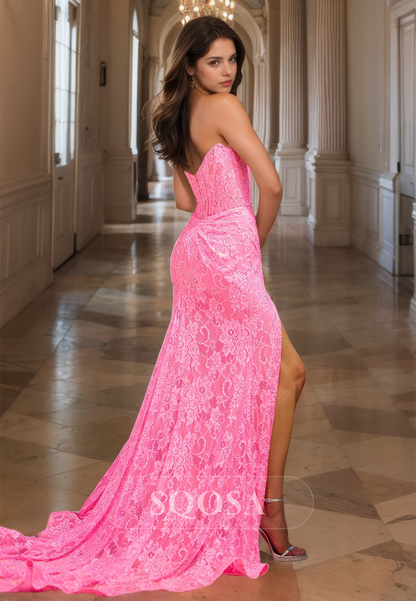 Sweetheart Beaded Lace Applique Mermaid Prom Dress Sleeveless Off-Shoulder High Slit Party Gowns