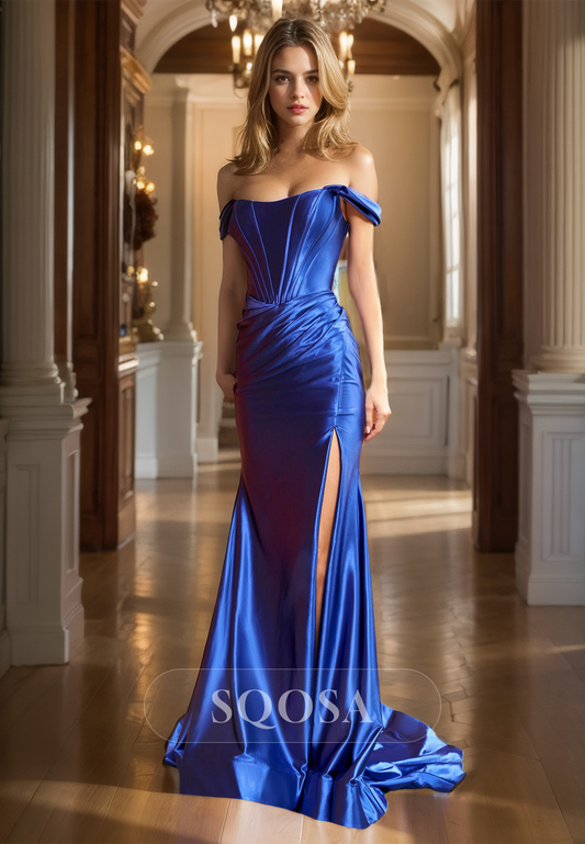 Tube Top Sleeveless Fitted Prom Dress Off-Shoulder Pleated Satin Slit with Train Party Gowns