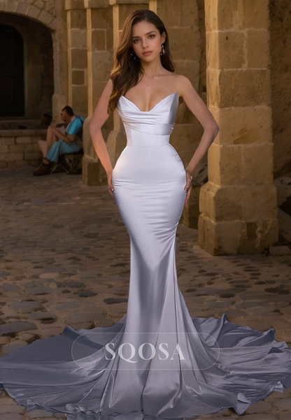 Sweetheart Sleeveless Off-Shoulder Pleated Satin Mermaid Wedding Dress with Sweep Train