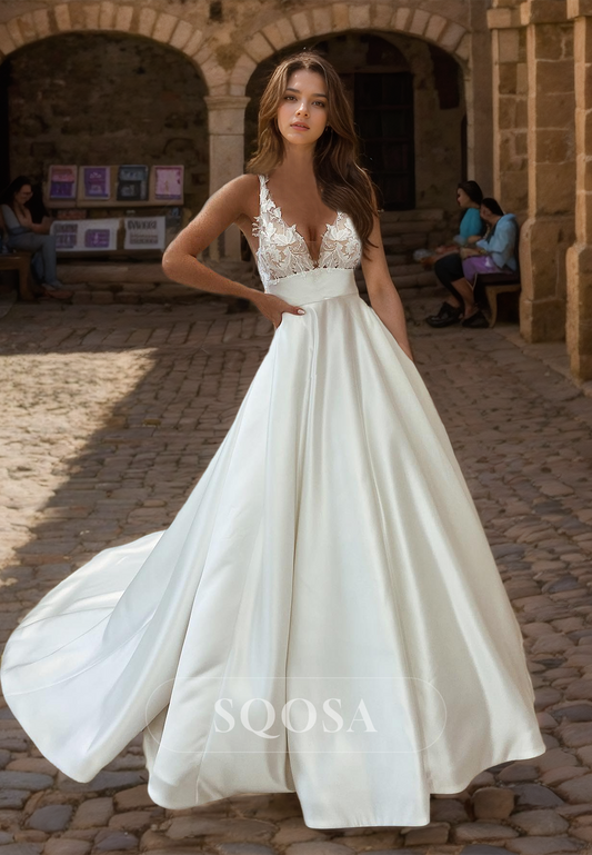 Applique Spaghetti Straps A-Line Bride Gowns Deep V-Neck Sleeveless Satin Cutout Wedding Dress